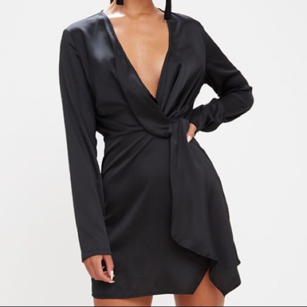 SOLD Black Satin Long Sleeve Wrap Dress